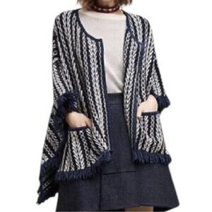 Anthropologie Sleeping on Snow Women’s One Size Blue White Poncho Cape Sweater